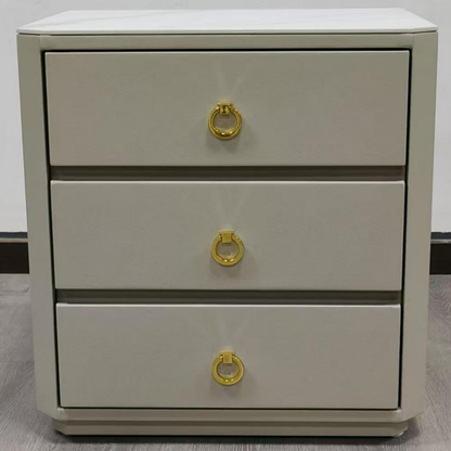 Modern Luxury Faux Leather Gold Ring Pulls Bedside Table - 3 Drawer Square Nightstand For Bedroom