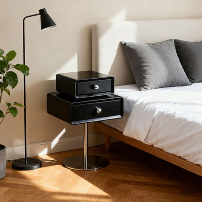 Contemporary Swivel Solid Wood Bedside Table - Artistic Square 2 Drawer Nightstand For Bedroom