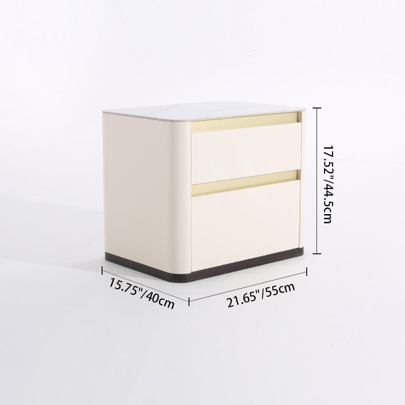 Modern Cream Rounded Corners Bedside Table - Sintered Stone 2 Drawer Nightstand For Bedroom