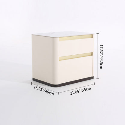 Modern Cream Rounded Corners Bedside Table - Sintered Stone 2 Drawer Nightstand For Bedroom