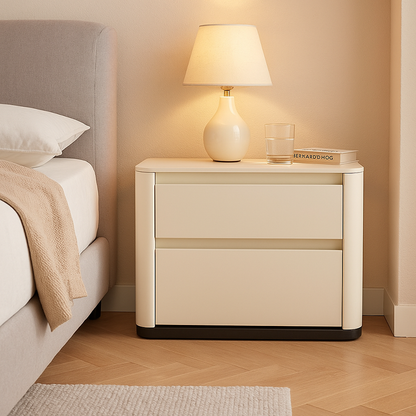 Modern Cream Rounded Corners Bedside Table - Sintered Stone 2 Drawer Nightstand For Bedroom