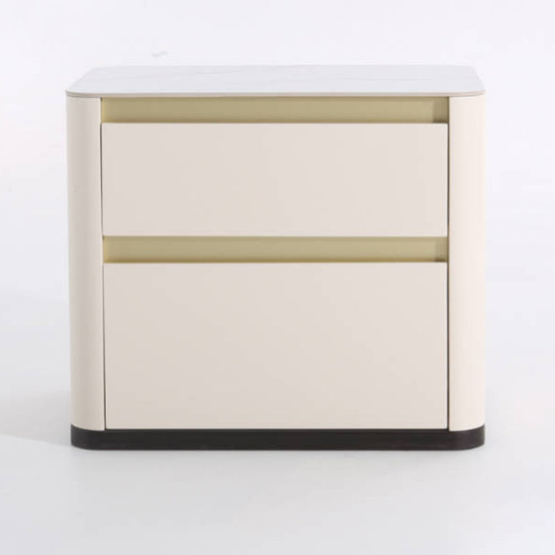 Modern Cream Rounded Corners Bedside Table - Sintered Stone 2 Drawer Nightstand For Bedroom