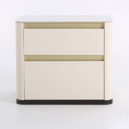 Modern Cream Rounded Corners Bedside Table - Sintered Stone 2 Drawer Nightstand For Bedroom
