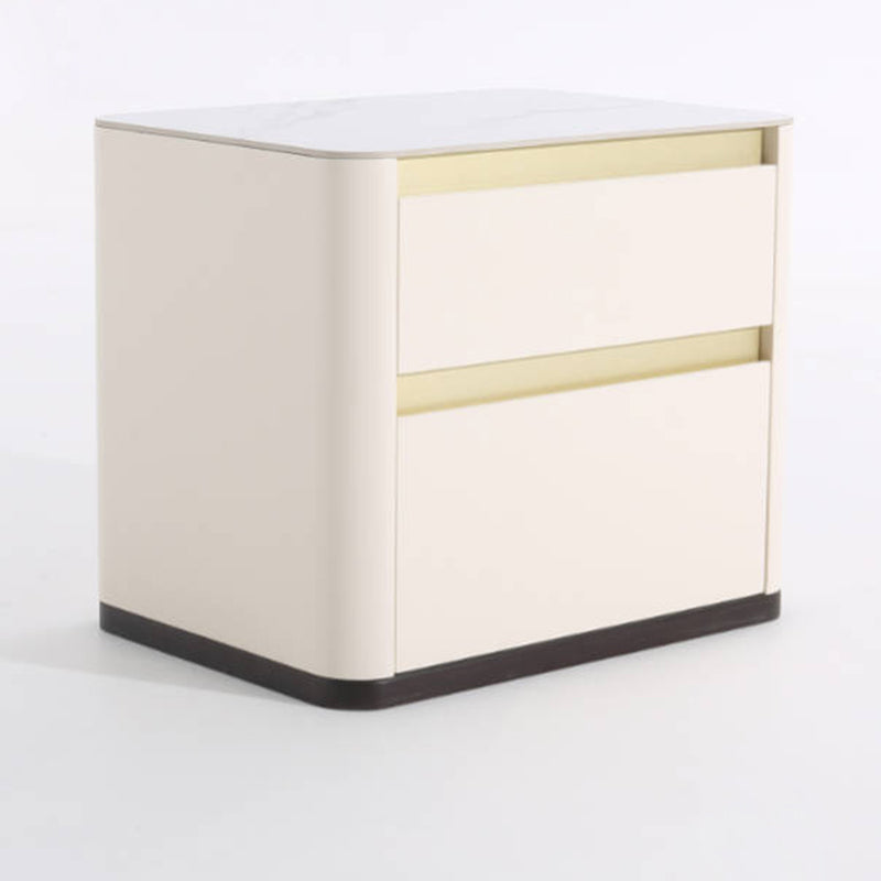Modern Cream Rounded Corners Bedside Table - Sintered Stone 2 Drawer Nightstand For Bedroom