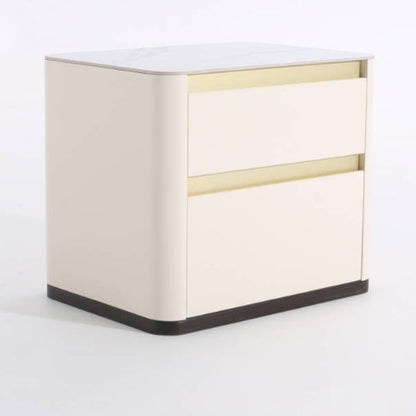 Modern Cream Rounded Corners Bedside Table - Sintered Stone 2 Drawer Nightstand For Bedroom