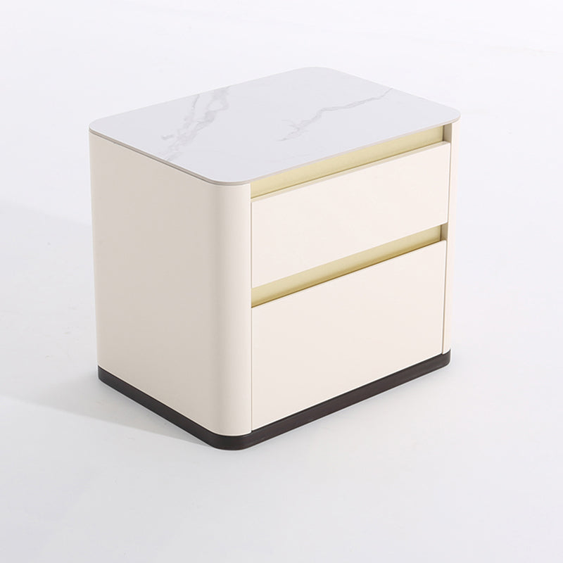 Modern Cream Rounded Corners Bedside Table - Sintered Stone 2 Drawer Nightstand For Bedroom