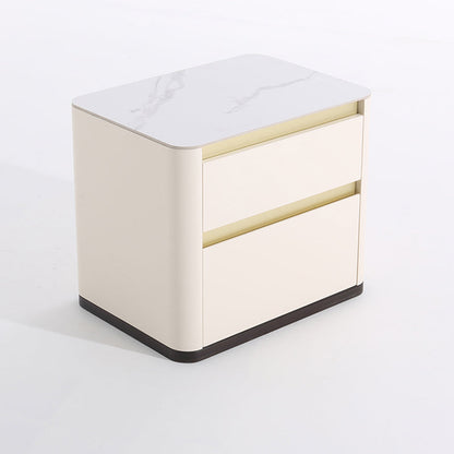 Modern Cream Rounded Corners Bedside Table - Sintered Stone 2 Drawer Nightstand For Bedroom
