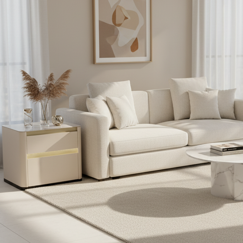 Modern Cream Rounded Corners Bedside Table - Sintered Stone 2 Drawer Nightstand For Bedroom