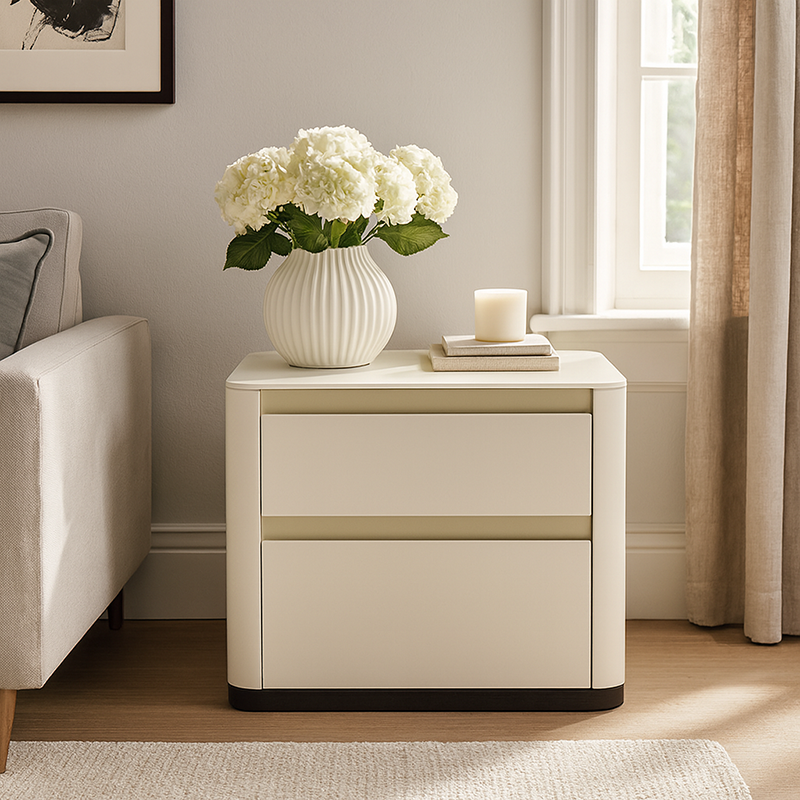 Modern Cream Rounded Corners Bedside Table - Sintered Stone 2 Drawer Nightstand For Bedroom