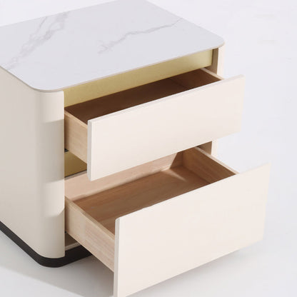 Modern Cream Rounded Corners Bedside Table - Sintered Stone 2 Drawer Nightstand For Bedroom