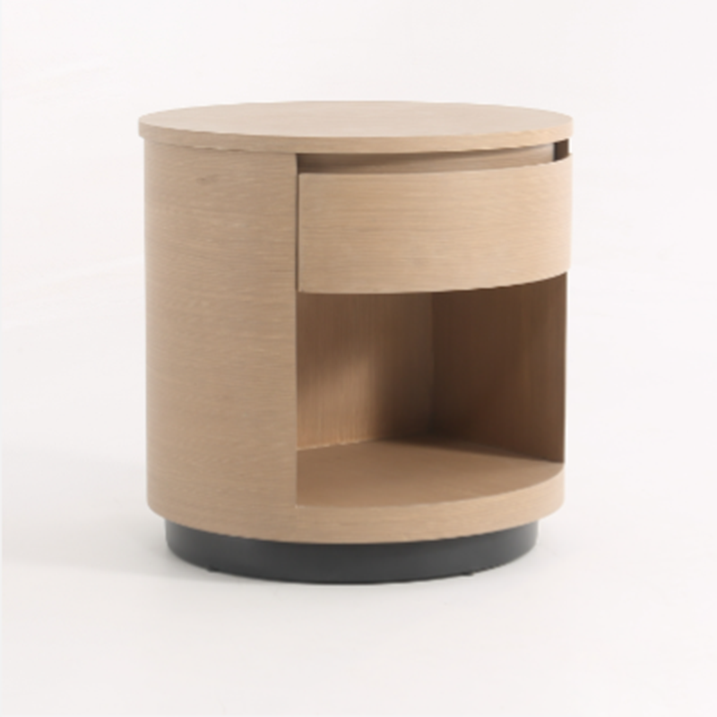 Contemporary Scandinavian Round Curved Bedside Table - Multilayer Board 1 Drawer Nightstand For Bedroom