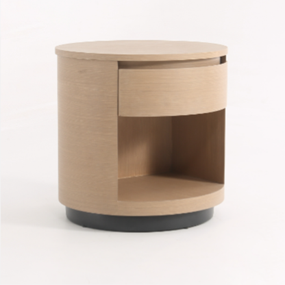 Contemporary Scandinavian Round Curved Bedside Table - Multilayer Board 1 Drawer Nightstand For Bedroom
