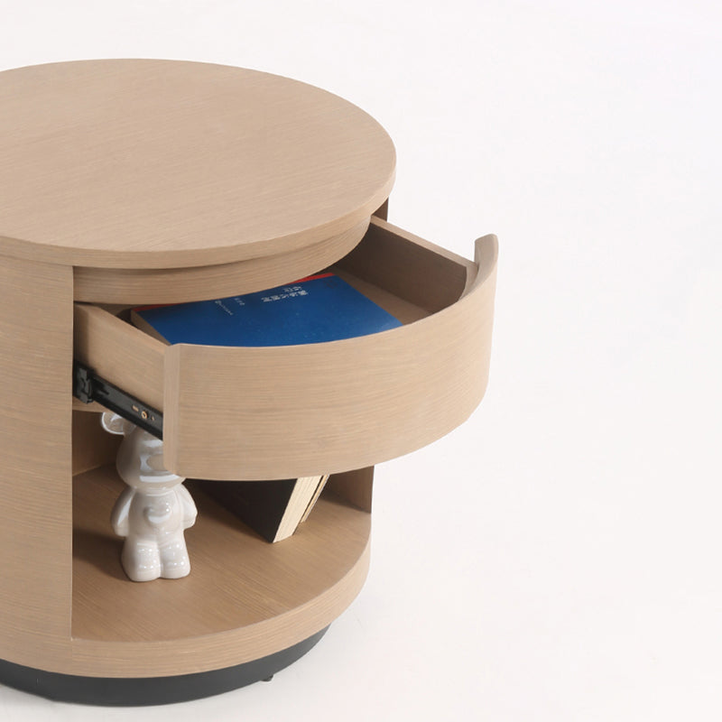 Contemporary Scandinavian Round Curved Bedside Table - Multilayer Board 1 Drawer Nightstand For Bedroom