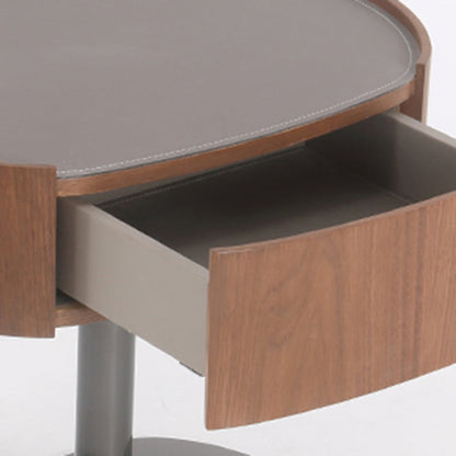 Traditional French Walnut Oval Bedside Table - Saddle Leather Surface 1 Drawer Nightstand For Bedroom