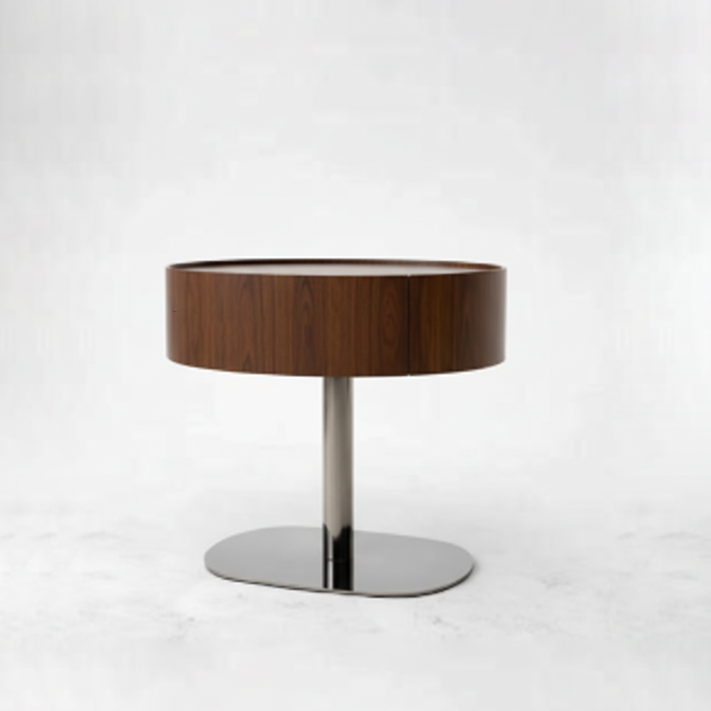 Traditional French Walnut Oval Bedside Table - Saddle Leather Surface 1 Drawer Nightstand For Bedroom