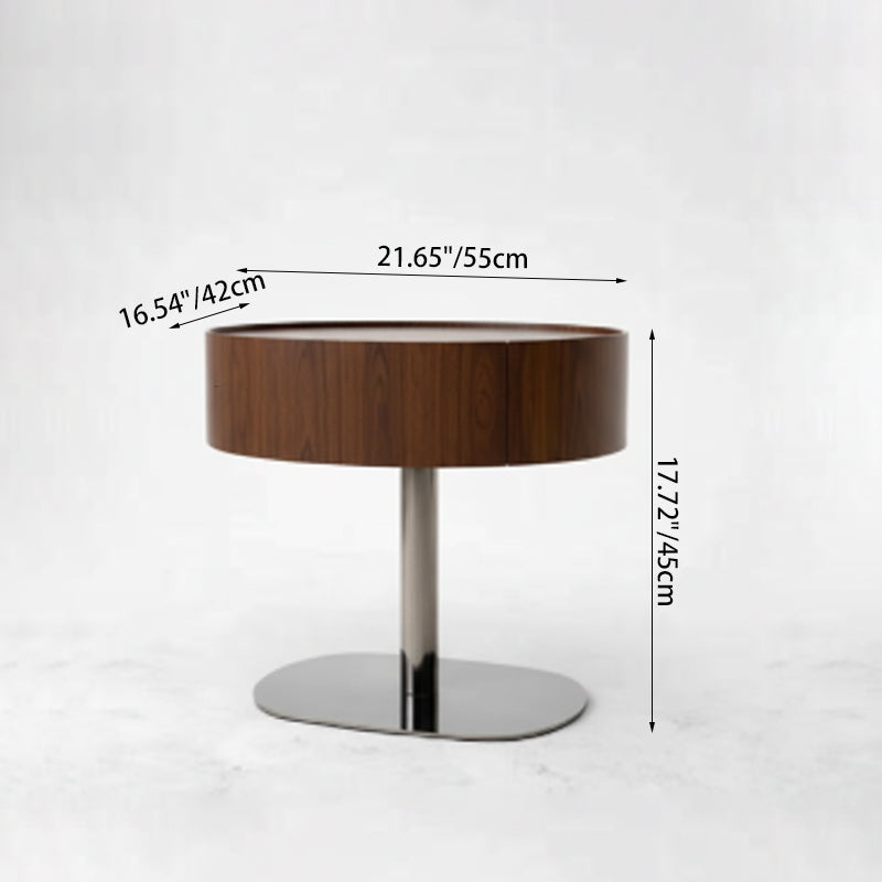 Traditional French Walnut Oval Bedside Table - Saddle Leather Surface 1 Drawer Nightstand For Bedroom