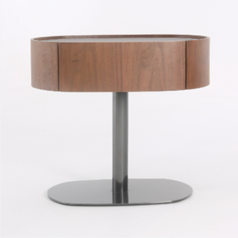 Traditional French Walnut Oval Bedside Table - Saddle Leather Surface 1 Drawer Nightstand For Bedroom