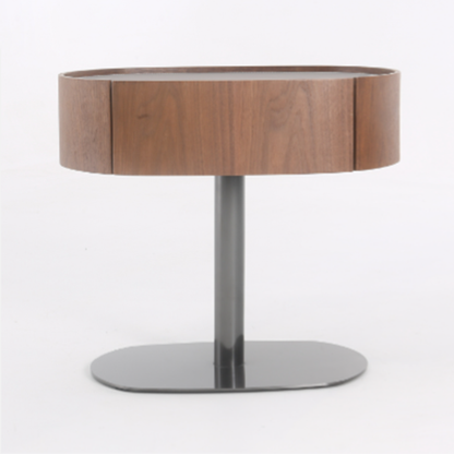 Traditional French Walnut Oval Bedside Table - Saddle Leather Surface 1 Drawer Nightstand For Bedroom