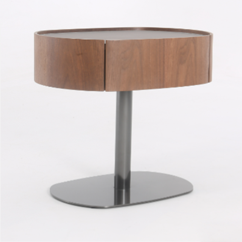 Traditional French Walnut Oval Bedside Table - Saddle Leather Surface 1 Drawer Nightstand For Bedroom