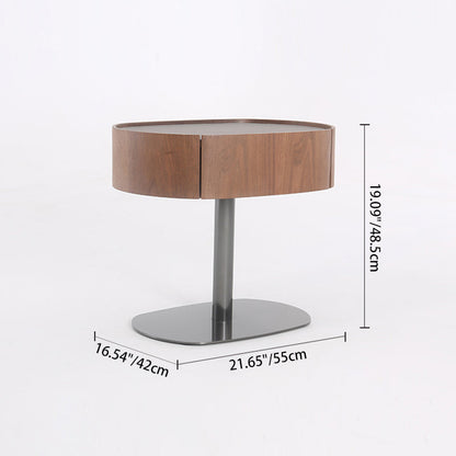 Traditional French Walnut Oval Bedside Table - Saddle Leather Surface 1 Drawer Nightstand For Bedroom