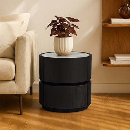 Contemporary Round Cylinder Bedside Table - Faux Saddle Leather Top 2 Drawers Nightstand For Bedroom
