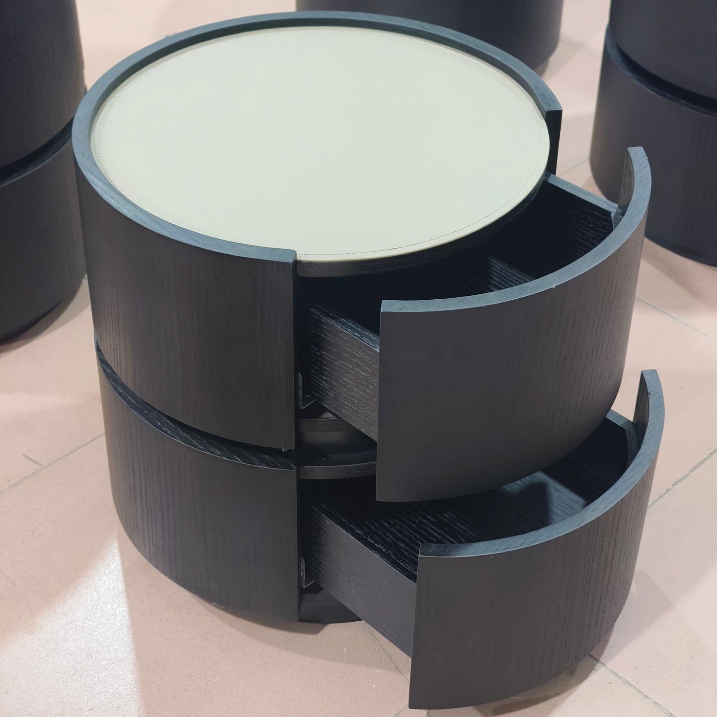 Contemporary Round Cylinder Bedside Table - Faux Saddle Leather Top 2 Drawers Nightstand For Bedroom