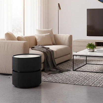 Contemporary Round Cylinder Bedside Table - Faux Saddle Leather Top 2 Drawers Nightstand For Bedroom