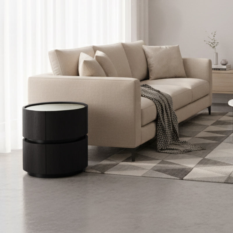 Contemporary Round Cylinder Bedside Table - Faux Saddle Leather Top 2 Drawers Nightstand For Bedroom
