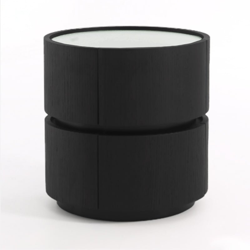 Contemporary Round Cylinder Bedside Table - Faux Saddle Leather Top 2 Drawers Nightstand For Bedroom