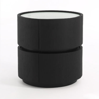 Contemporary Round Cylinder Bedside Table - Faux Saddle Leather Top 2 Drawers Nightstand For Bedroom