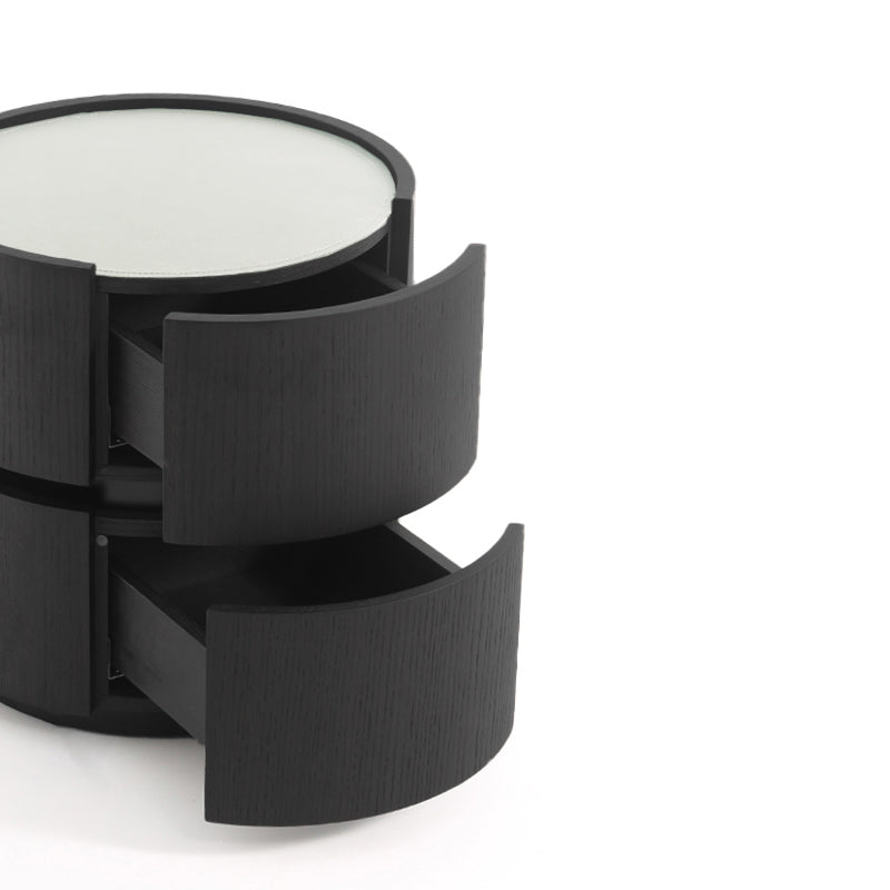 Contemporary Round Cylinder Bedside Table - Faux Saddle Leather Top 2 Drawers Nightstand For Bedroom