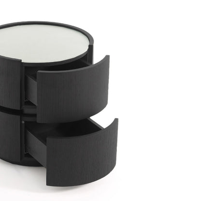 Contemporary Round Cylinder Bedside Table - Faux Saddle Leather Top 2 Drawers Nightstand For Bedroom