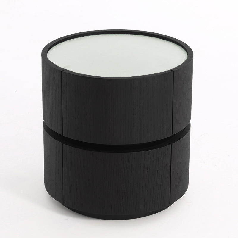 Contemporary Round Cylinder Bedside Table - Faux Saddle Leather Top 2 Drawers Nightstand For Bedroom