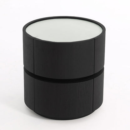 Contemporary Round Cylinder Bedside Table - Faux Saddle Leather Top 2 Drawers Nightstand For Bedroom