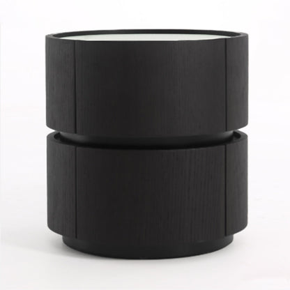 Contemporary Round Cylinder Bedside Table - Faux Saddle Leather Top 2 Drawers Nightstand For Bedroom