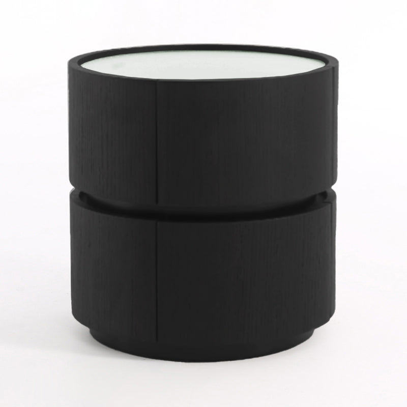 Contemporary Round Cylinder Bedside Table - Faux Saddle Leather Top 2 Drawers Nightstand For Bedroom