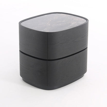 Traditional Vintage Oval Soft-Curve Bedside Table - Sintered Stone 2 Drawers Nightstand For Bedroom