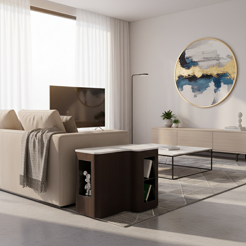 Contemporary Creative Marble S-Curve Bedside Table - Rotating 2 Drawers Nightstand For Bedroom