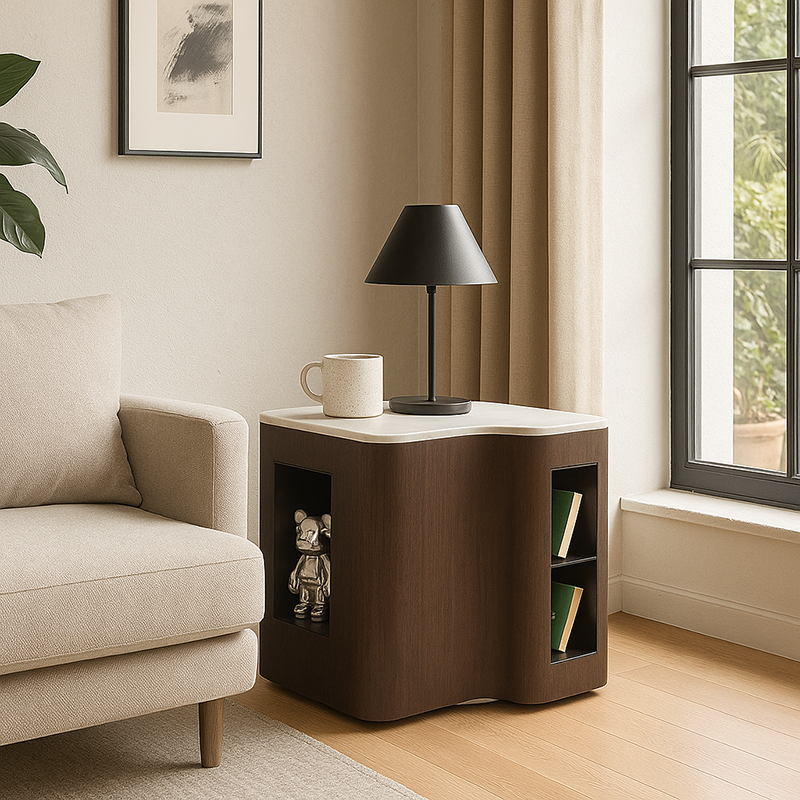 Contemporary Creative Marble S-Curve Bedside Table - Rotating 2 Drawers Nightstand For Bedroom