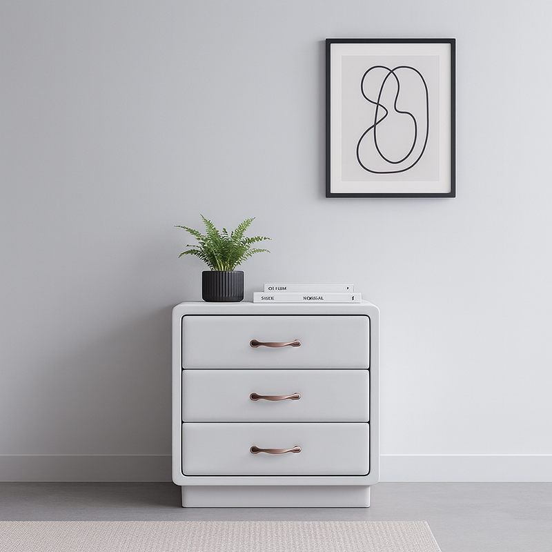 Modern Soft Ivory Faux Leather Bedside Cabinet - Gold Metal Pulls Nightstand With 3 Drawers For Bedroom