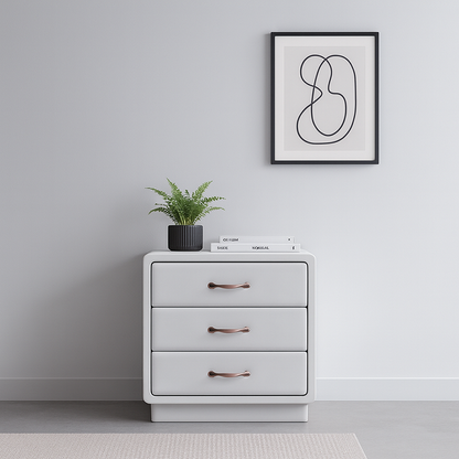 Modern Soft Ivory Faux Leather Bedside Cabinet - Gold Metal Pulls Nightstand With 3 Drawers For Bedroom