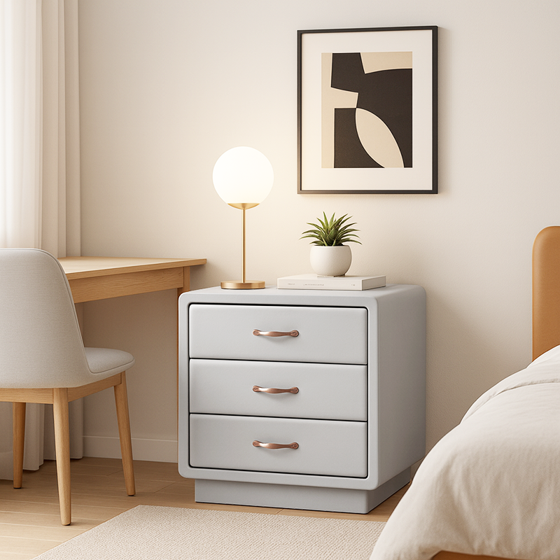 Modern Soft Ivory Faux Leather Bedside Cabinet - Gold Metal Pulls Nightstand With 3 Drawers For Bedroom