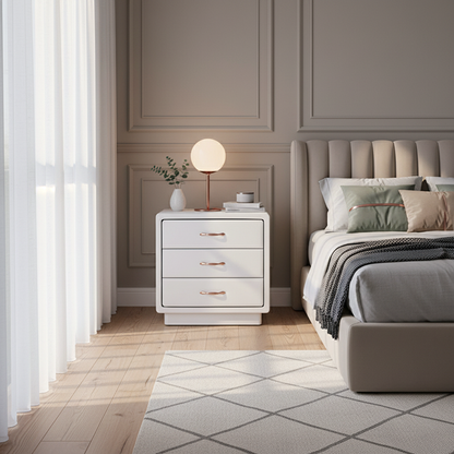 Modern Soft Ivory Faux Leather Bedside Cabinet - Gold Metal Pulls Nightstand With 3 Drawers For Bedroom