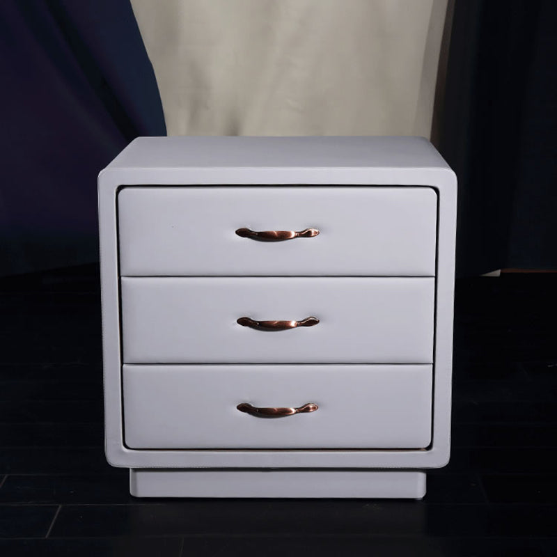 Modern Soft Ivory Faux Leather Bedside Cabinet - Gold Metal Pulls Nightstand With 3 Drawers For Bedroom