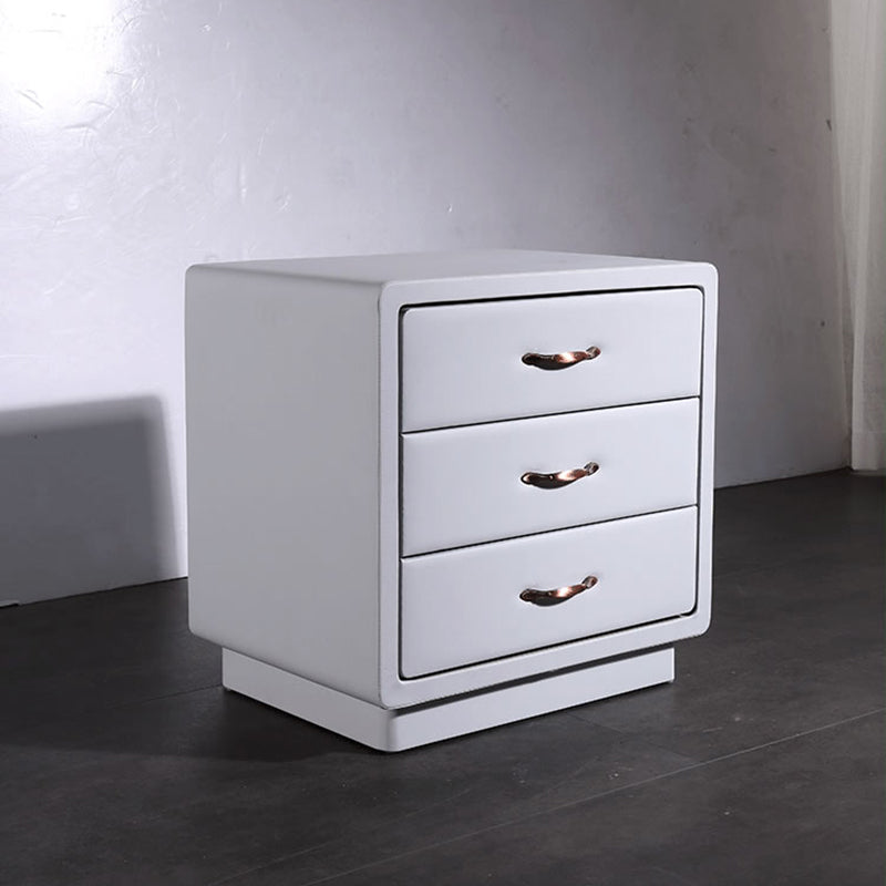 Modern Soft Ivory Faux Leather Bedside Cabinet - Gold Metal Pulls Nightstand With 3 Drawers For Bedroom