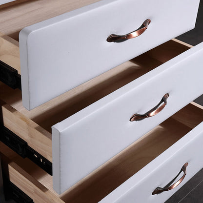 Modern Soft Ivory Faux Leather Bedside Cabinet - Gold Metal Pulls Nightstand With 3 Drawers For Bedroom