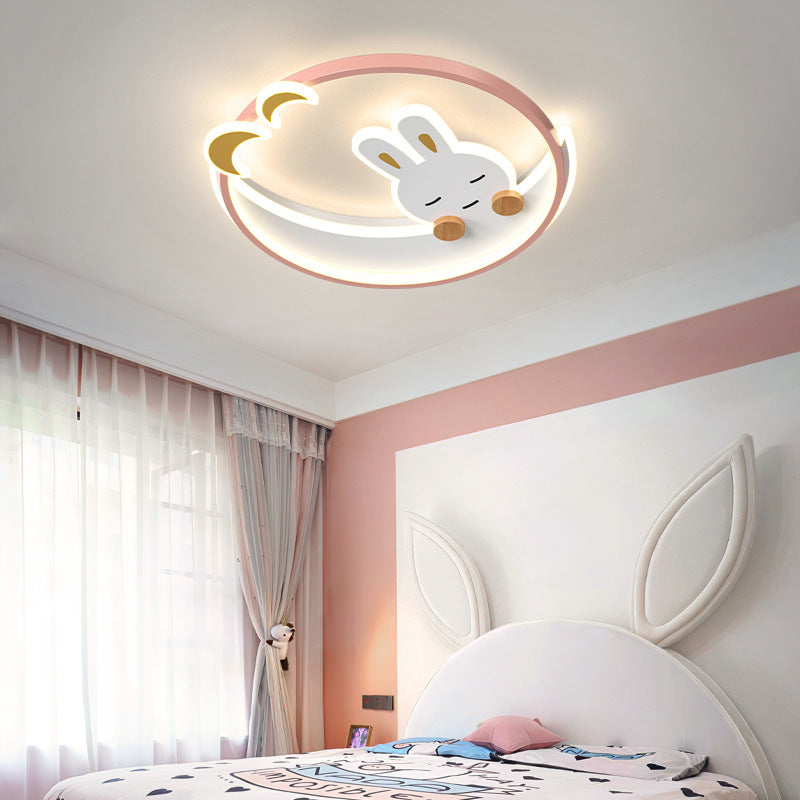 Contemporary Creative Cute Rabbit Iron Round LED Flush Mount Ceiling Light For Bedroom