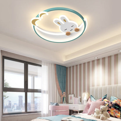 Contemporary Creative Cute Rabbit Iron Round LED Flush Mount Ceiling Light For Bedroom