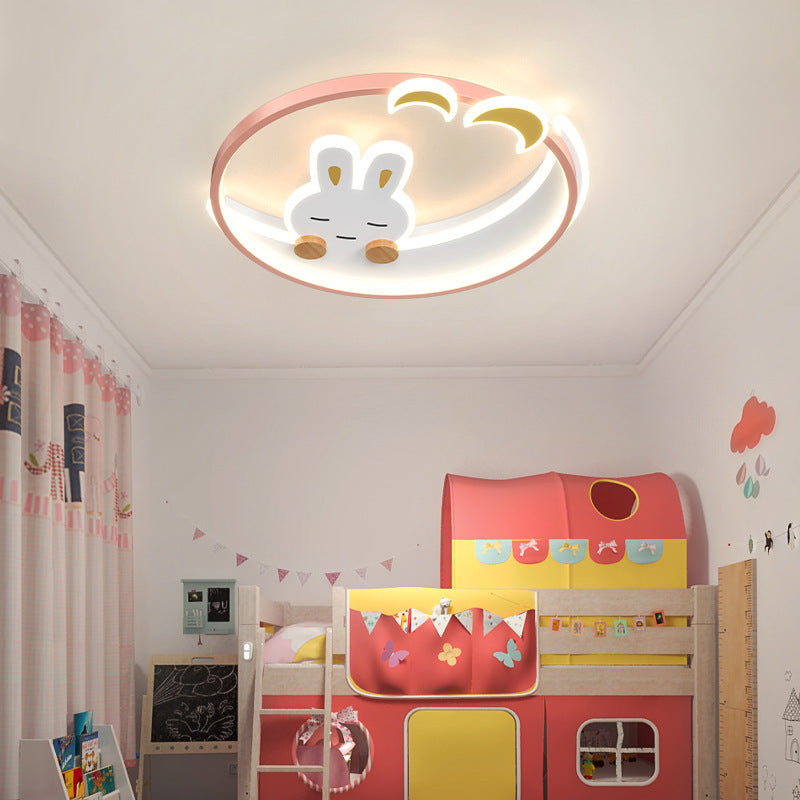 Contemporary Creative Cute Rabbit Iron Round LED Flush Mount Ceiling Light For Bedroom