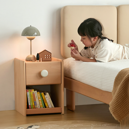 Eco-Friendly Kids Bedside Table - Traditional Japanese Beech Wood Multi-Layer Storage Nightstand 1-Drawer For Bedroom